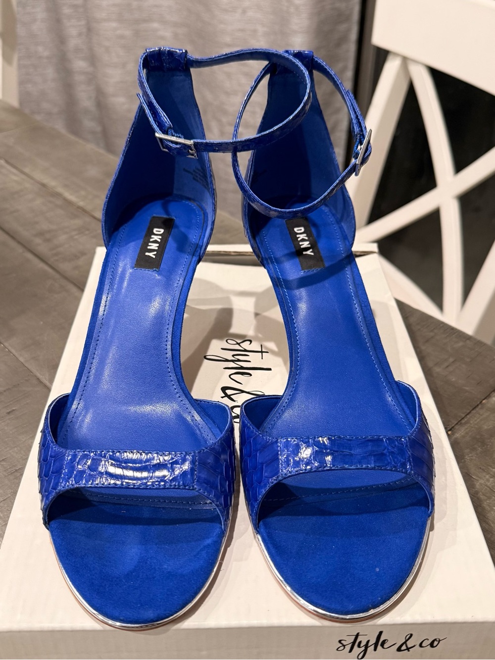 DKNY Electric Blue Croc-Embossed Ankle-Strap Heels